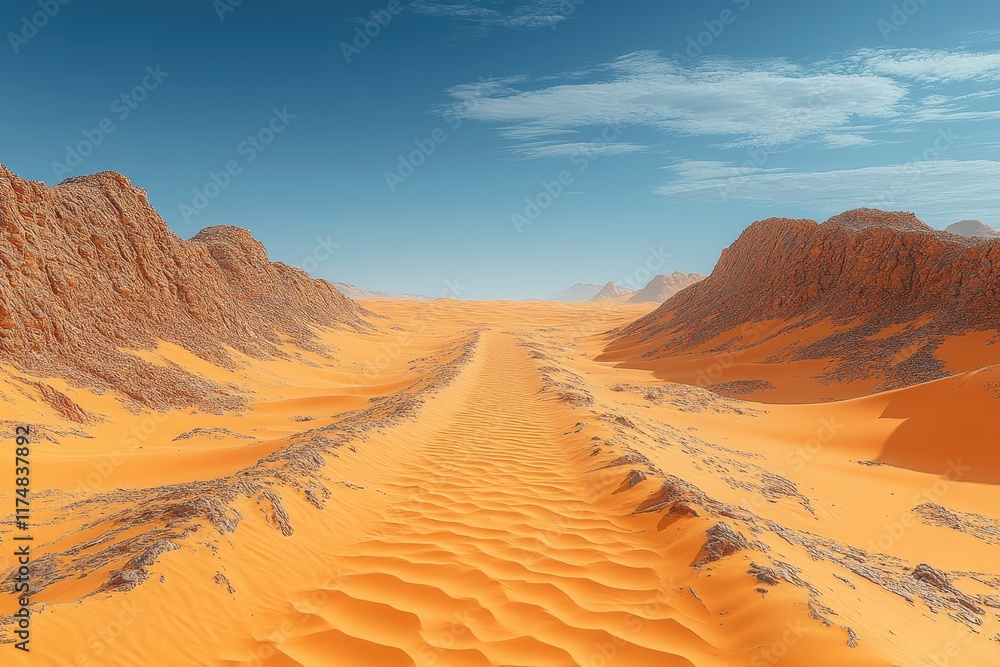 Fototapeta premium Vast desert landscape with sandy dunes under a clear blue sky showcasing natural beauty at midday