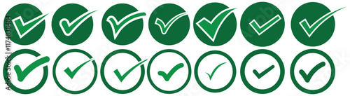 Green checkmark tick icon set. Checklist signs, approval badge, correct vote choice check box with right and wrong buttons and yes or no checkmark icons.