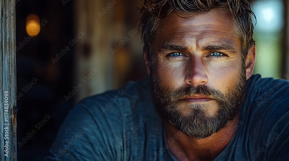 Rugged and Piercing Gaze of a Man in a Natural Setting