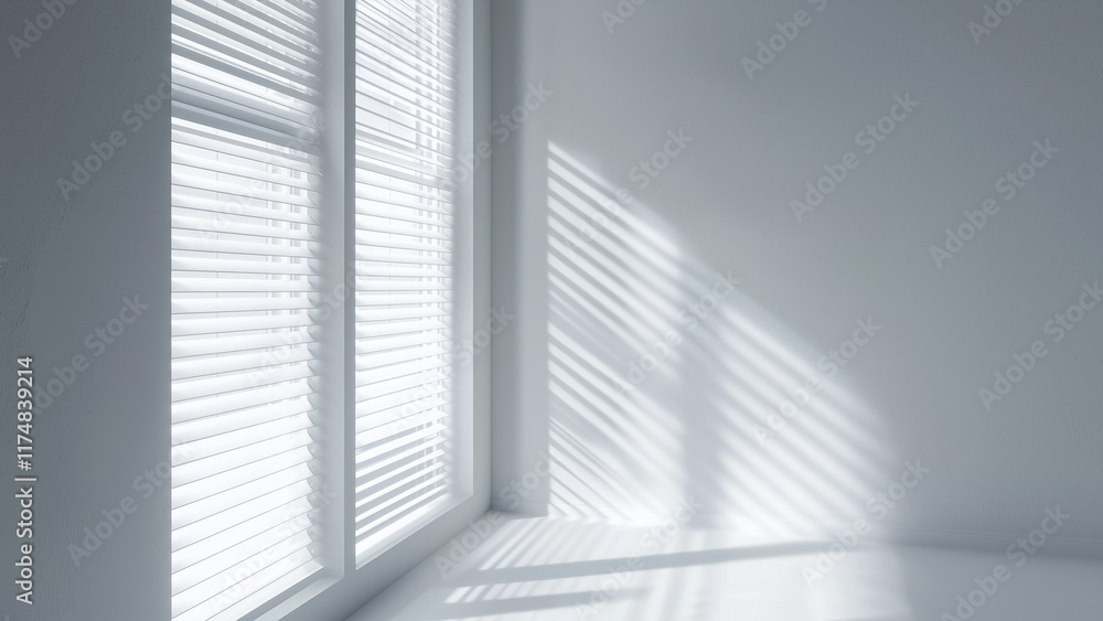 Obraz premium Tall window with half open white blind, white window frame and white wall, blind shadow and natural sunlight cast on the white wall, simple minimal design