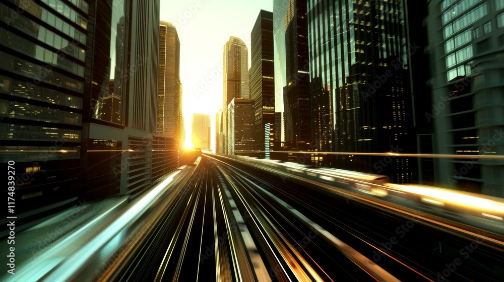 Fototapeta premium Futuristic Urban Sunset with City Skyline and Rail Tracks
