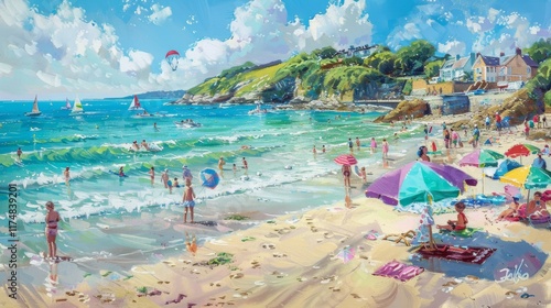 Vibrant Summer Day at the Beach with Sailboats and Umbrellas