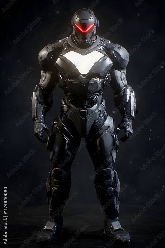 A full-body shot of an evil cyborg villain, with red eyes and black armor featuring a glowing white chestplate. The figure has a muscular build and is set against a dark background, created A full-body shot of an evil cyborg villain, with red eyes and black armor featuring a glowing white chestplate. The figure has a muscular build and is set against a dark background, created