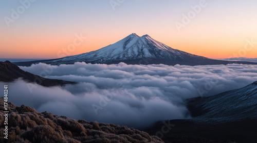 Majestic Snow-Capped Mountain Peak Overlooking Sea of Clouds at Sunrise with Soft Hues of Orange and Blue in the Sky
