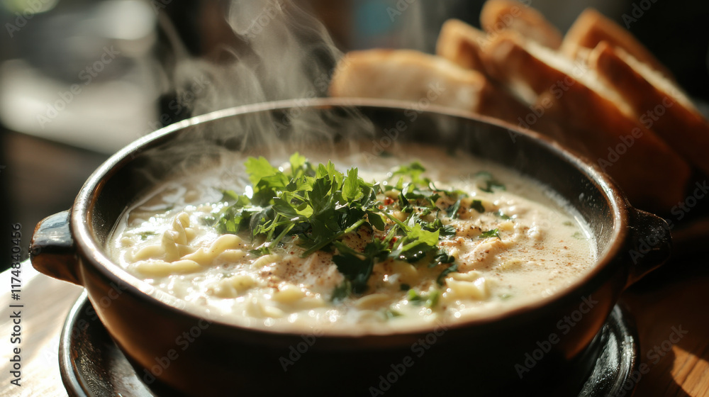 Creamy Soup with Fresh Herbs and Steamy Bread Served in Rustic Bowl Perfect for Warm Winter Comfort Foods and Cozy Dining Experience Creamy Soup with Fresh Herbs and Steamy Bread Served in Rustic Bowl Perfect for Warm Winter Comfort Foods and Cozy Dining Experience