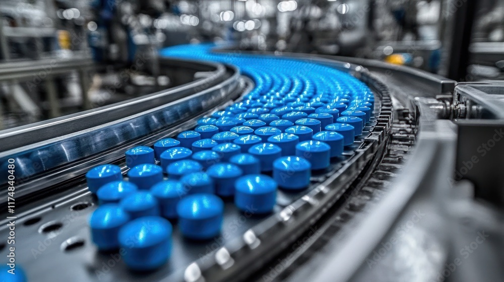 Blue pills moving on a conveyor belt in a pharmaceutical factory.