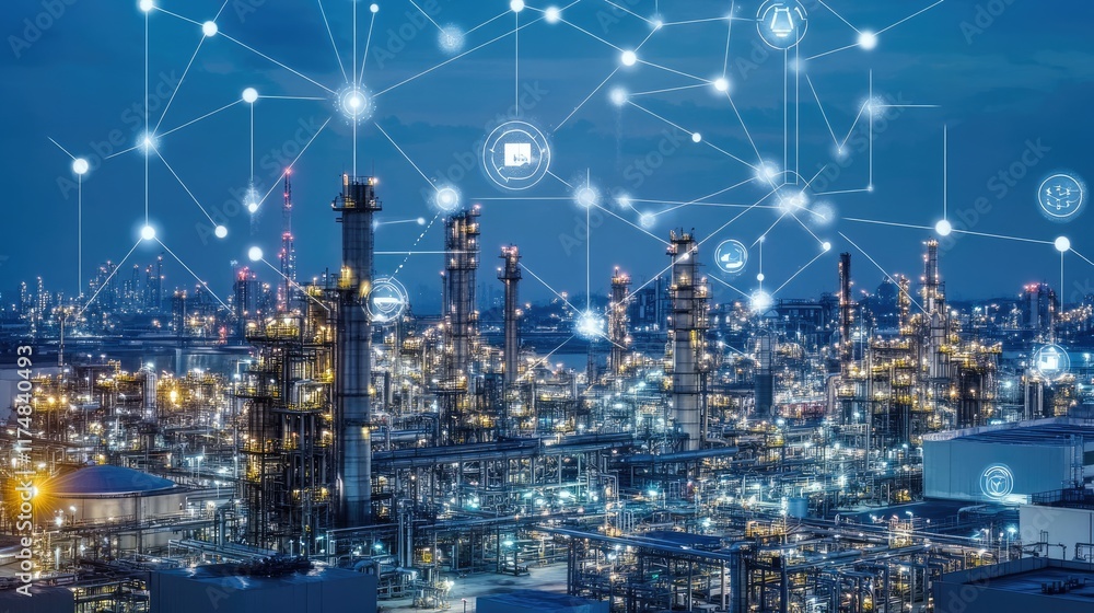 Naklejka premium Industrial Complex Night Scene Showing Digital Network Connectivity