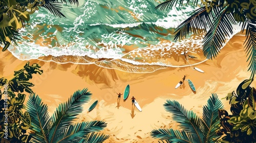 Aerial View of Tropical Beach with Surfers and Palm Trees