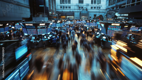 Busy Stock Exchange Trading Floor with Abstract Motion Blur Displaying Market Activity and Financial Data in a High-energy Environment