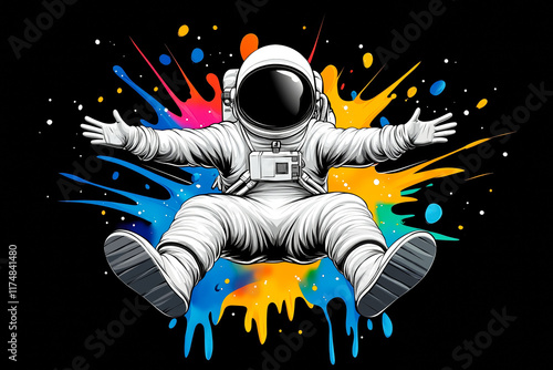 An astronaut floating in space with colorful paint splatters photo