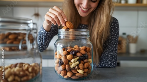 Woman adding almonds to a jar of mixed nuts and raisins photo