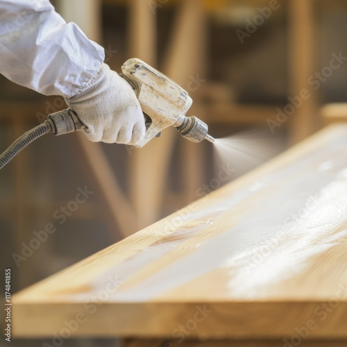 person using spray gun to apply finish on wooden surface, showcasing craftsmanship and attention to detail in woodworking photo