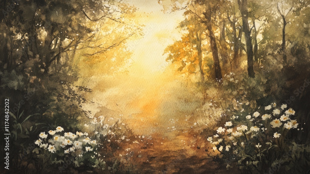 Fototapeta premium Golden Sunlight Illuminates A Forest Path With Daisies