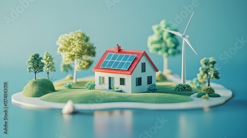 A green energy miniature scene with solar panels, wind turbines, and trees around the house. The style is a 3D illustration with soft lighting and a blue background. There's an isolated design 
