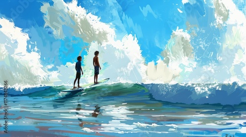 Surfing Adventure in Vibrant Ocean Waters Under Bright Blue Sky