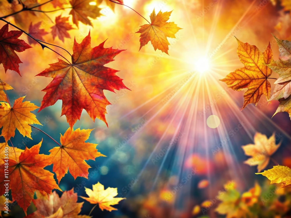 Obraz premium Vibrant fall foliage bathed in golden sunlight, a captivating double exposure.