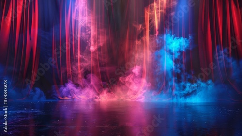 Vivid Stage Curtains with Atmospheric Smoke and Colorful Lights
