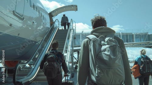 Travelers Boarding Airplane Under Clear Sky at Modern Airport