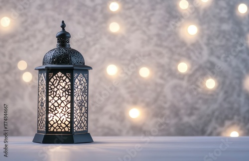 Ramadan background, in a color of white with ample copy space for text or graphics, an elegant Arabic lantern at the side with light and shadow, soft lighting creating gentle shadows under a warm glow photo