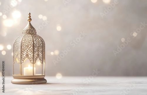 Ramadan background, in a color of white with ample copy space for text or graphics, featuring an elegant lantern and subtle geometric patterns symbolizing Islamic art. Soft focus on the left side photo