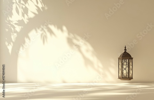 Ramadan background, in a color of white with ample copy space for text or graphics, an elegant Arabic lantern at the side with light and shadow, soft lighting creating gentle shadows under a warm glow photo