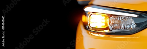 Close-up of a Yellow Car Headlight with DRLs On. photo