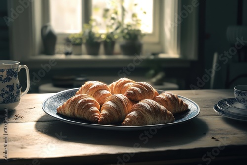 A fresh batch of golden croissants on a blue plate in a cozy kitchen setting. photo