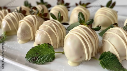 White Chocolate Strawberries with Mint Leaves on a White Plate