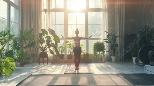 Serene Indoor Yoga Practice Amidst Lush Greenery and Sunlit Ambiance