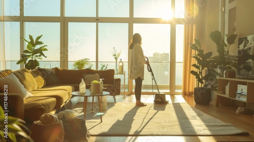 Sunlit Modern Living Room with Person Vacuuming and Green Plants