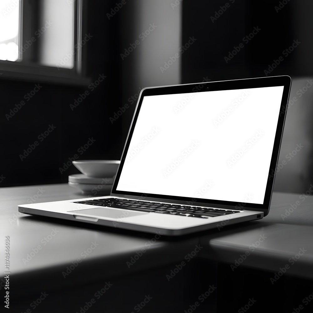 Fototapeta premium Laptop on Office Desk for Business and Technology: Computer in Blurred Workspace for Productivity