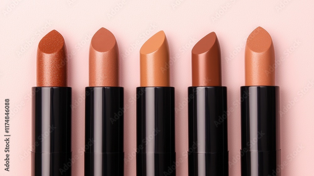 Obraz premium Vibrant Collection of Lipstick Shades on Soft Pink Background