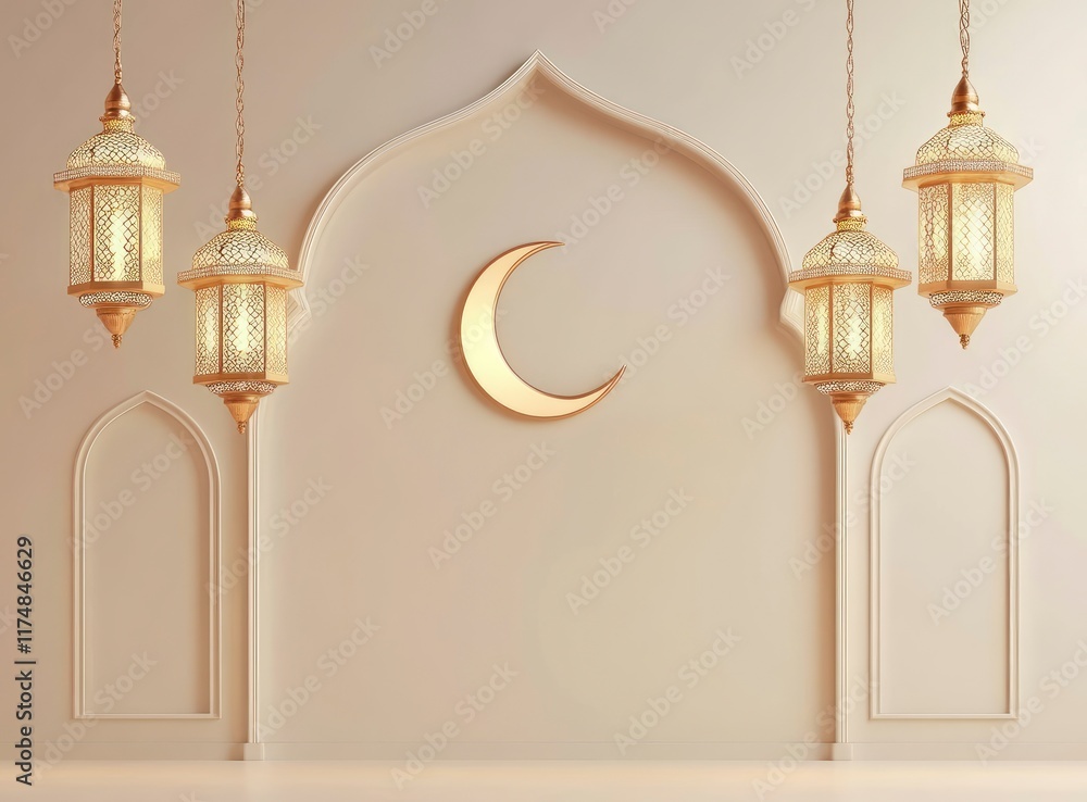 Ramadan background, with ample copy space for text and graphics, a beautiful lantern at night, a crescent moon, a soft-colored sky, and an elegant design. Ramadan background, with ample copy space for text and graphics, a beautiful lantern at night, a crescent moon, a soft-colored sky, and an elegant design.