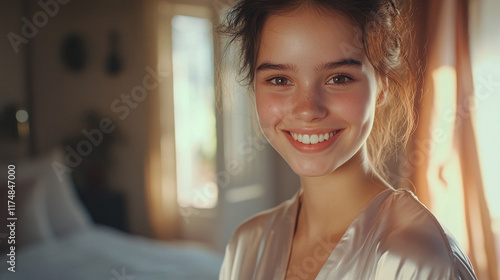 Smiling young woman in housecoat at home Free Download Smiling young woman in housecoat at home - GFXLoad