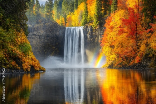 Majestic Waterfall Surrounded by Vibrant Autumn Colors and a Gentle Rainbow Reflection