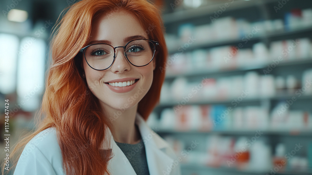 Young red-haired woman pharmacist in white coat in drugstore Young red-haired woman pharmacist in white coat in drugstore