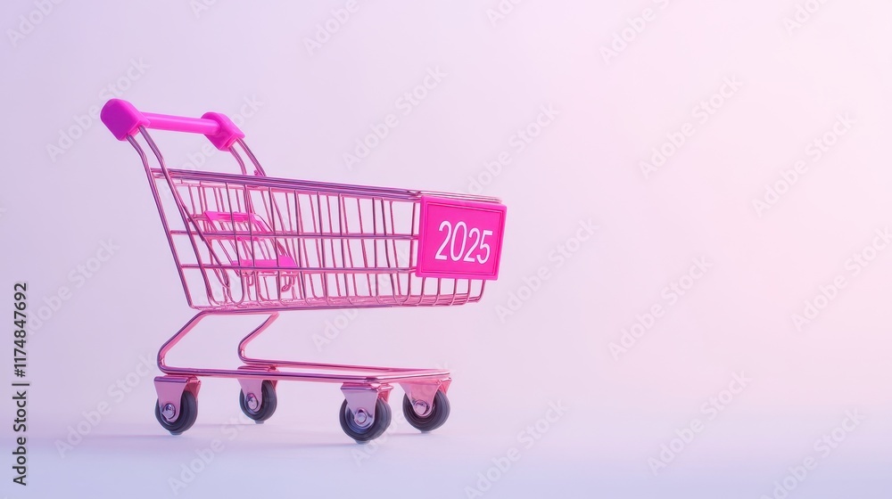2025 on white sheet of paper in shopping trolley,shopping cart displays a sign reading Hello 2025 concept,happy new year,space for text. 2025 on white sheet of paper in shopping trolley,shopping cart displays a sign reading Hello 2025 concept,happy new year,space for text.