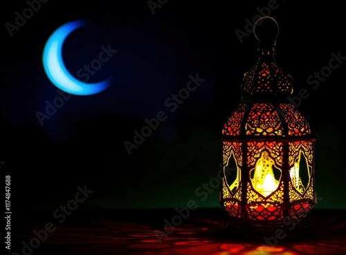 Ramadan background, with ample copy space for text and graphics, night sky view with crescent moon, traditional lantern glowing softly in the foreground, capturing an atmosphere of serenity and spirit photo