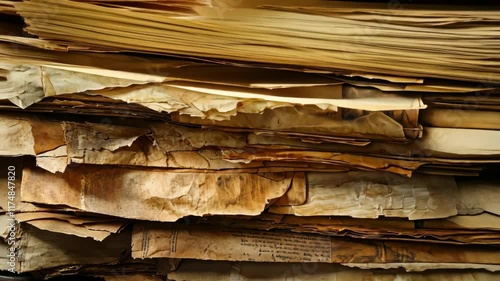 Layers of aged paper showcasing the texture and history of old documents in a dimly lit space