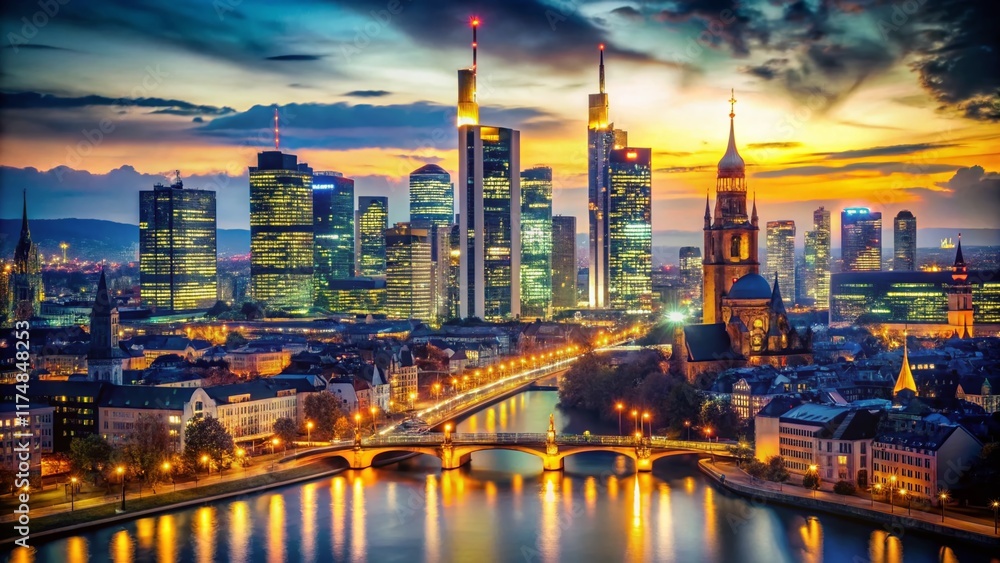 Fototapeta premium Frankfurt Skyline at Night with Bokeh Lights, Germany Cityscape Panorama