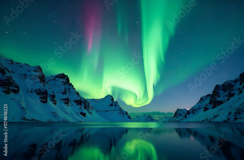 The breathtaking aurora borealis is brilliantly shining majestically over the serene mountains and a tranquil lake nearby, creating a stunning view