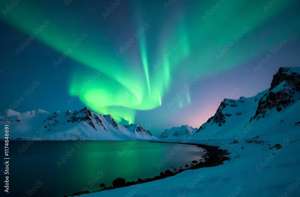 The breathtaking aurora borealis is brilliantly shining majestically over the serene mountains and a tranquil lake nearby, creating a stunning view