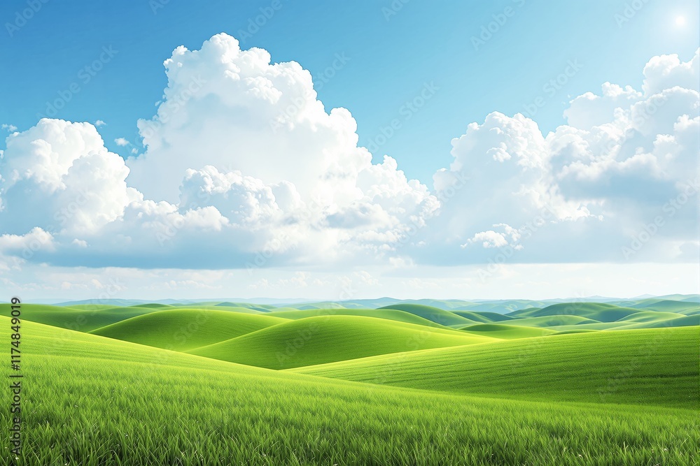 Obraz premium Vibrant green rolling hills illuminated by sunlight, beneath a bright blue sky with fluffy white clouds, symbolizing tranquility and nature's beauty. Ai generative