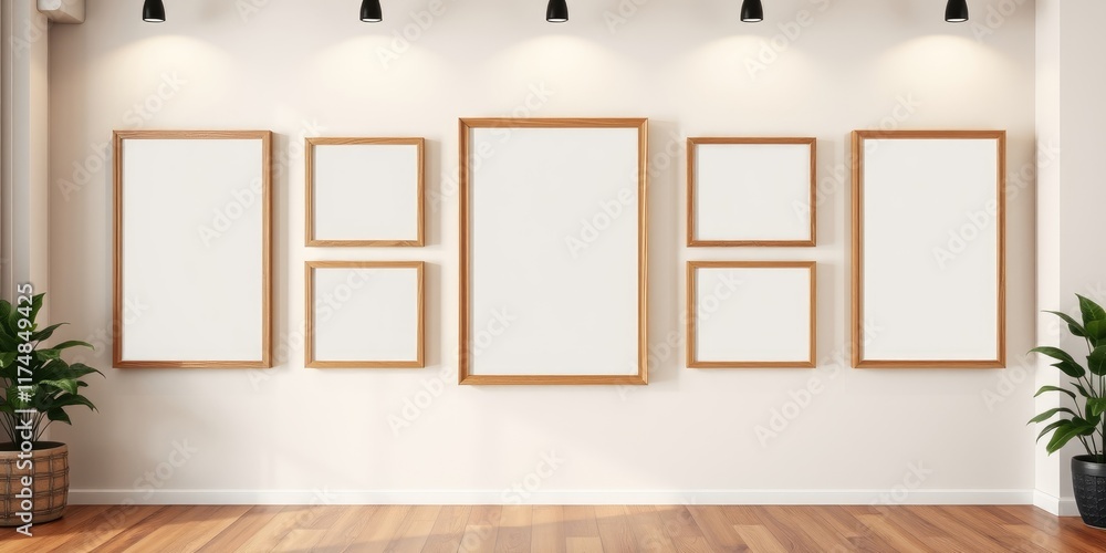 Fototapeta premium Minimalist interior design featuring a gallery wall of empty picture frames with natural wood tones and potted plants