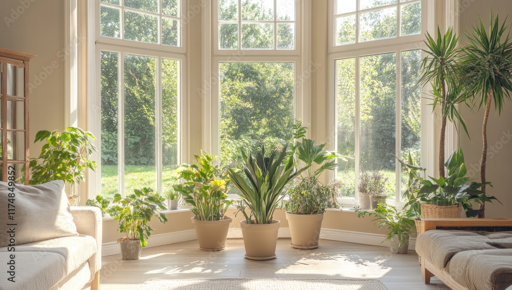Sunlit bay window with potted plants and sofas.