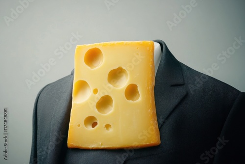 Humorous conceptual image of a man in a suit with a large piece of cheese for a head. photo