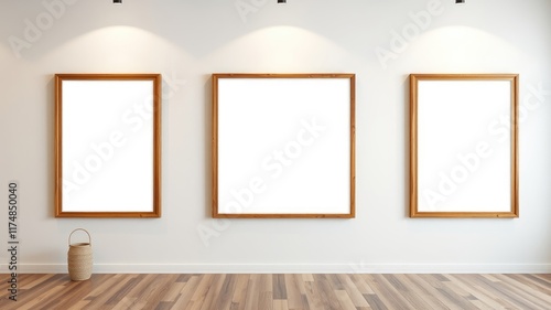 Empty wooden frames on a white wall above hardwood floor with a woven basket