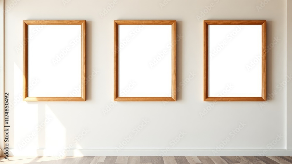 Three blank wooden frames on a wall, ready for artwork Three blank wooden frames on a wall, ready for artwork