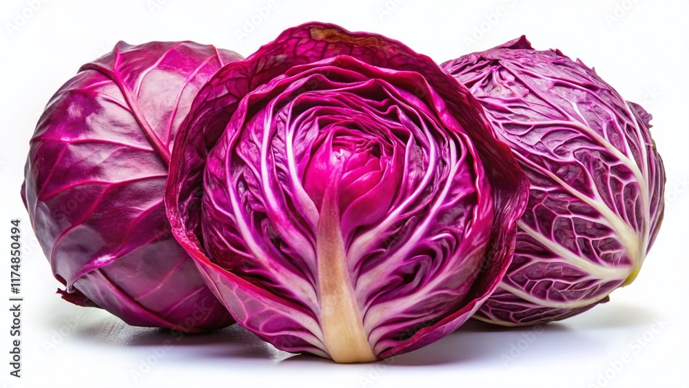 Obraz premium Freshly Harvested Red Pointed Cabbage on White Background - Vibrant Produce Stock Photo
