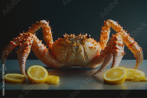 A vibrant orange crab with spiky features, posed elegantly with fresh lemon slices on a dark background. photo